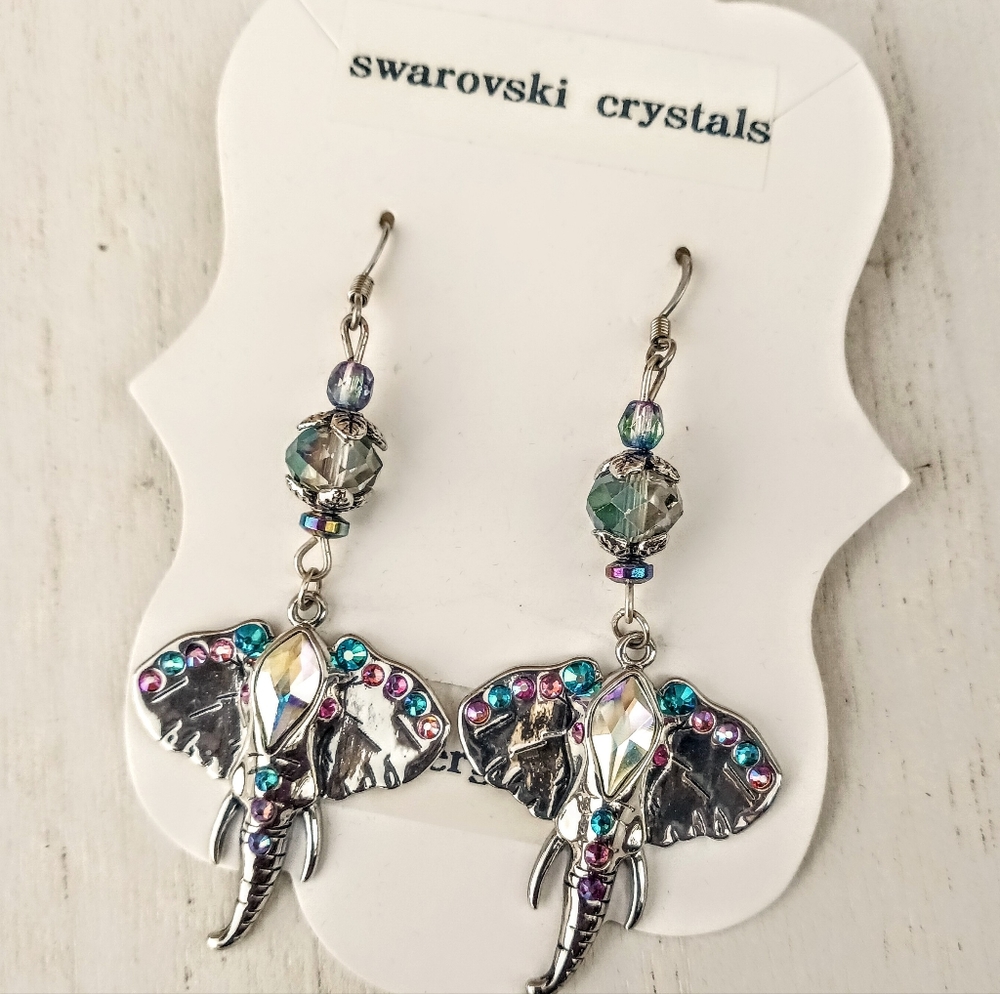 HP Elephant Metal Drop Earrings, With Real  Crystals